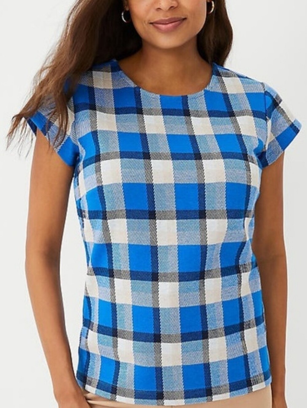 Ann Taylor French Blue Plaid Knit Cap Sleeve Top Size M